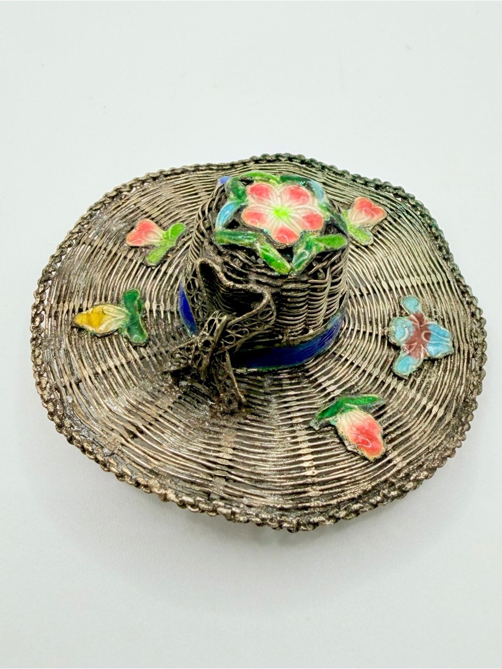 Vintage Chinese Export Silver Filigree Floral Enamel Hat Brooch